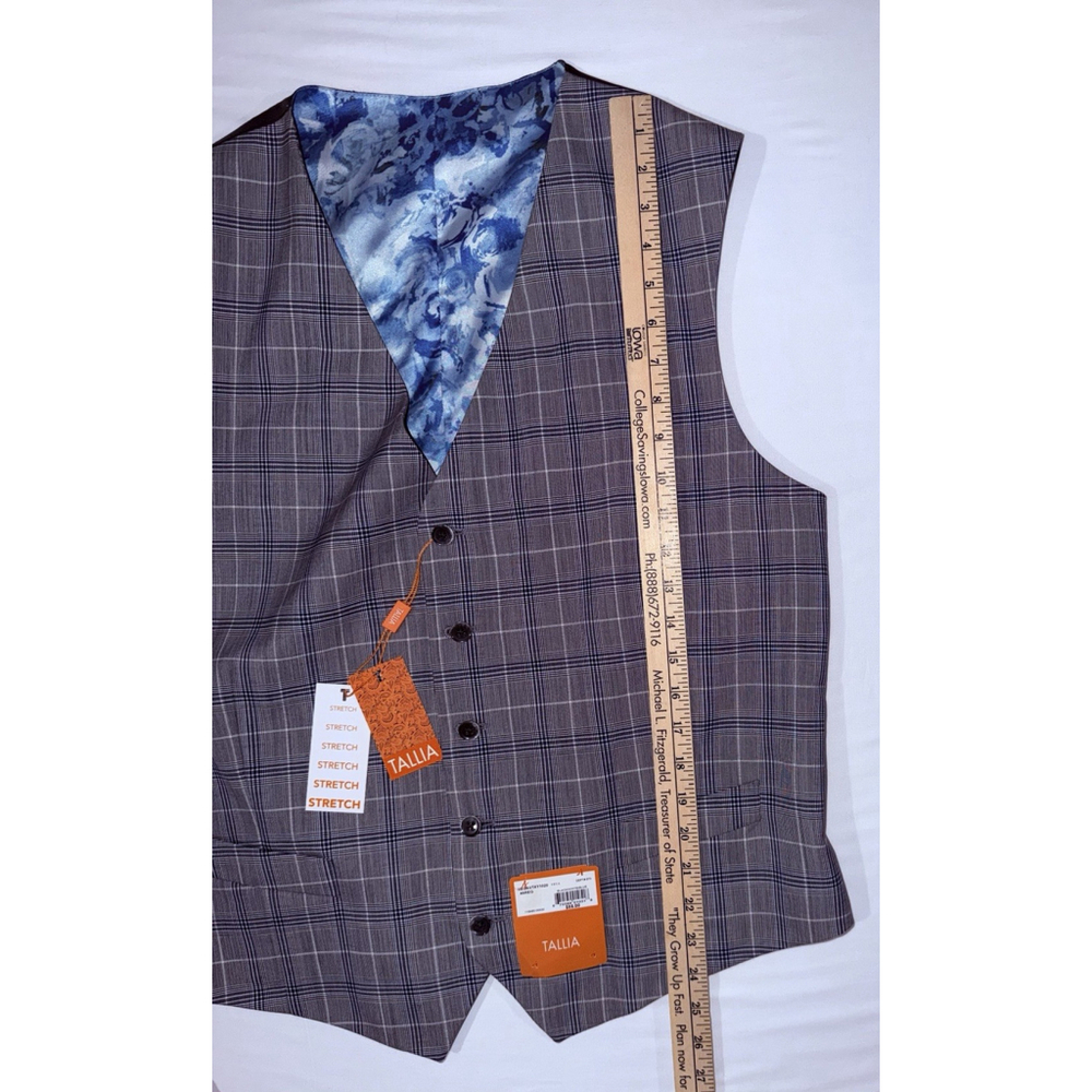 NWT Tallia Men Wool Blend Vest 46R Slim Lined Grey Blue Plaid Floral Back Fit - Picture 5 of 8